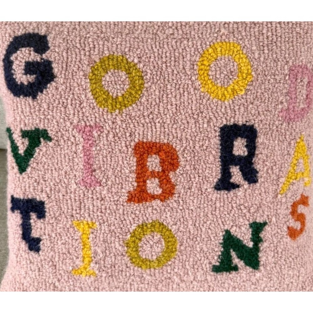 Pink Hooked Wool Pillow Cover Good Vibrations 18" Square - Picture 6 of 11